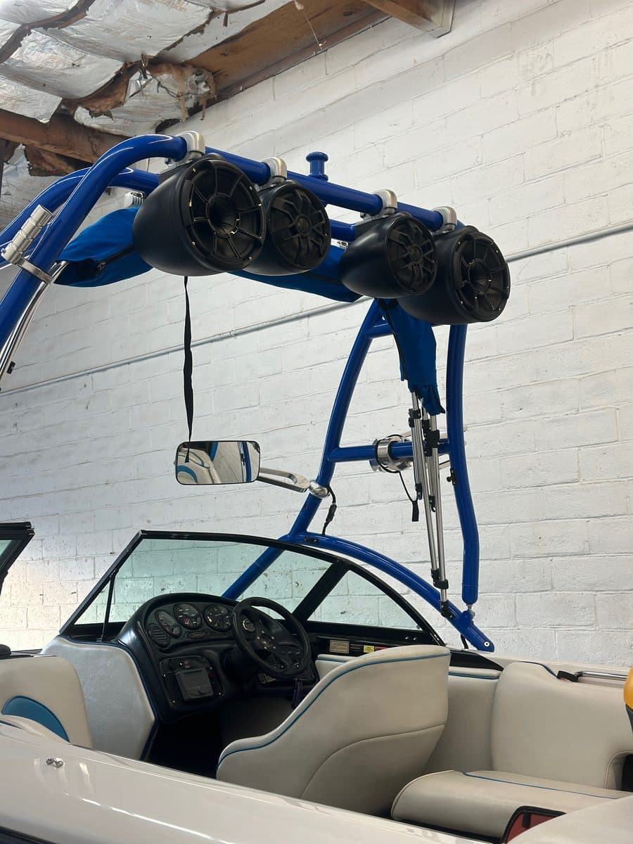 Wakeboard tower speakers installed on a boat
